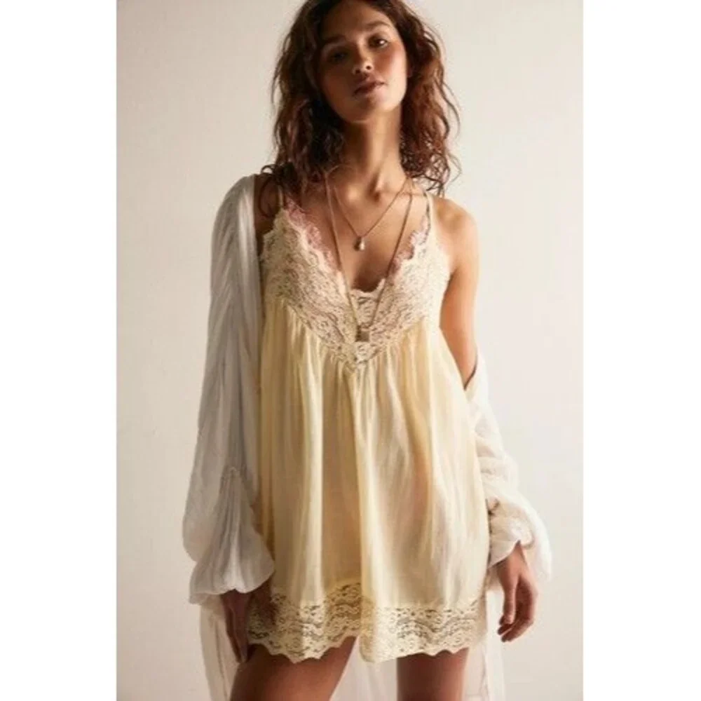 Intimately Free People Fiona Mini Slip Dress Billowy Sleeveless Lace M 289683